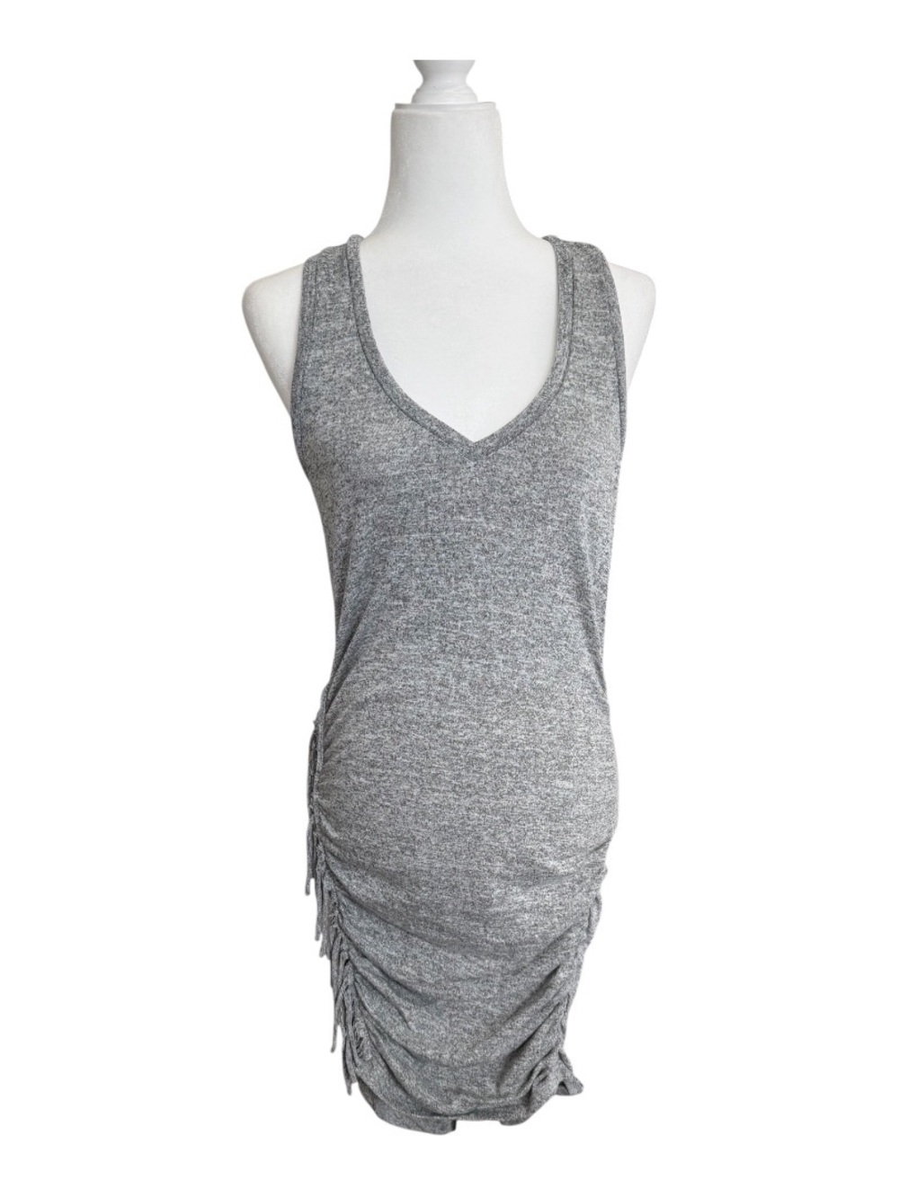 Express Sleeveless Bodycon Dress Heather Gray Ruched Fringe Side Midi M - Picture 2 of 8